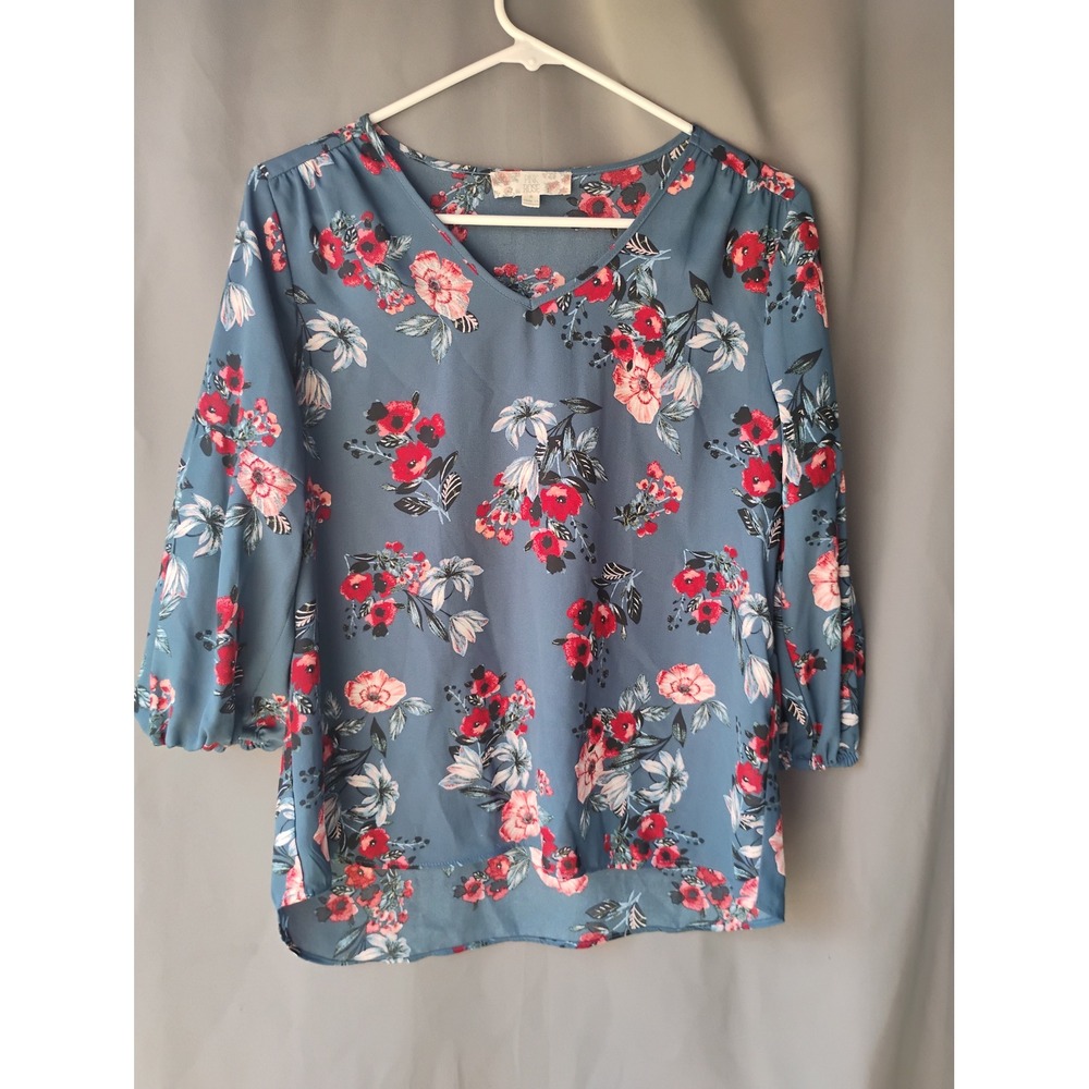 Pink Rose Blue Floral V-Neck Blouse 3/4 Puff Sleeve Top Small